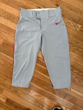 Nike Light Gray Kids Athletic Baseball Pants with Red Swoosh Size Large